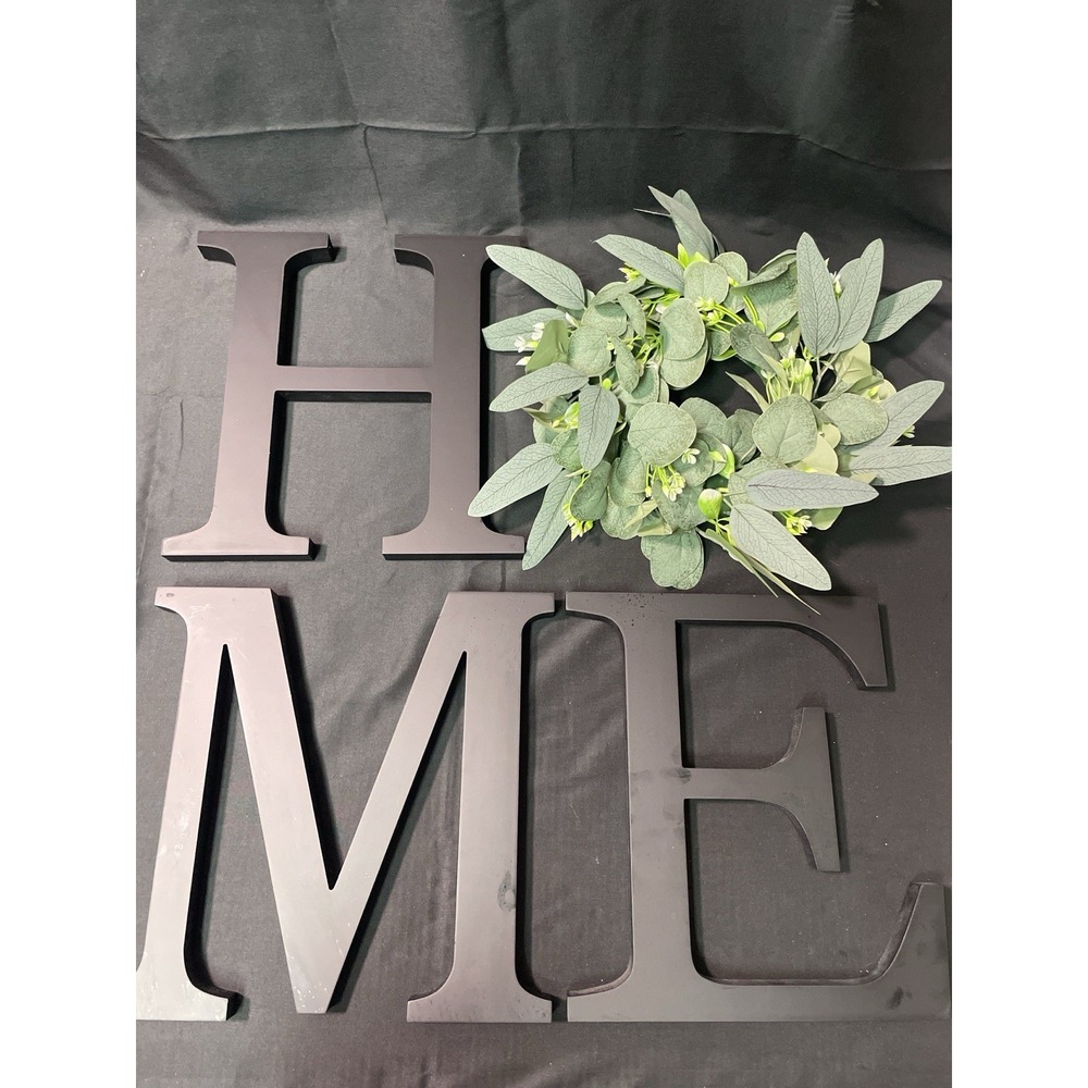 Farmhouse HOME Wall Letters 12" Black Wood Decor w/ Greenery Wreath